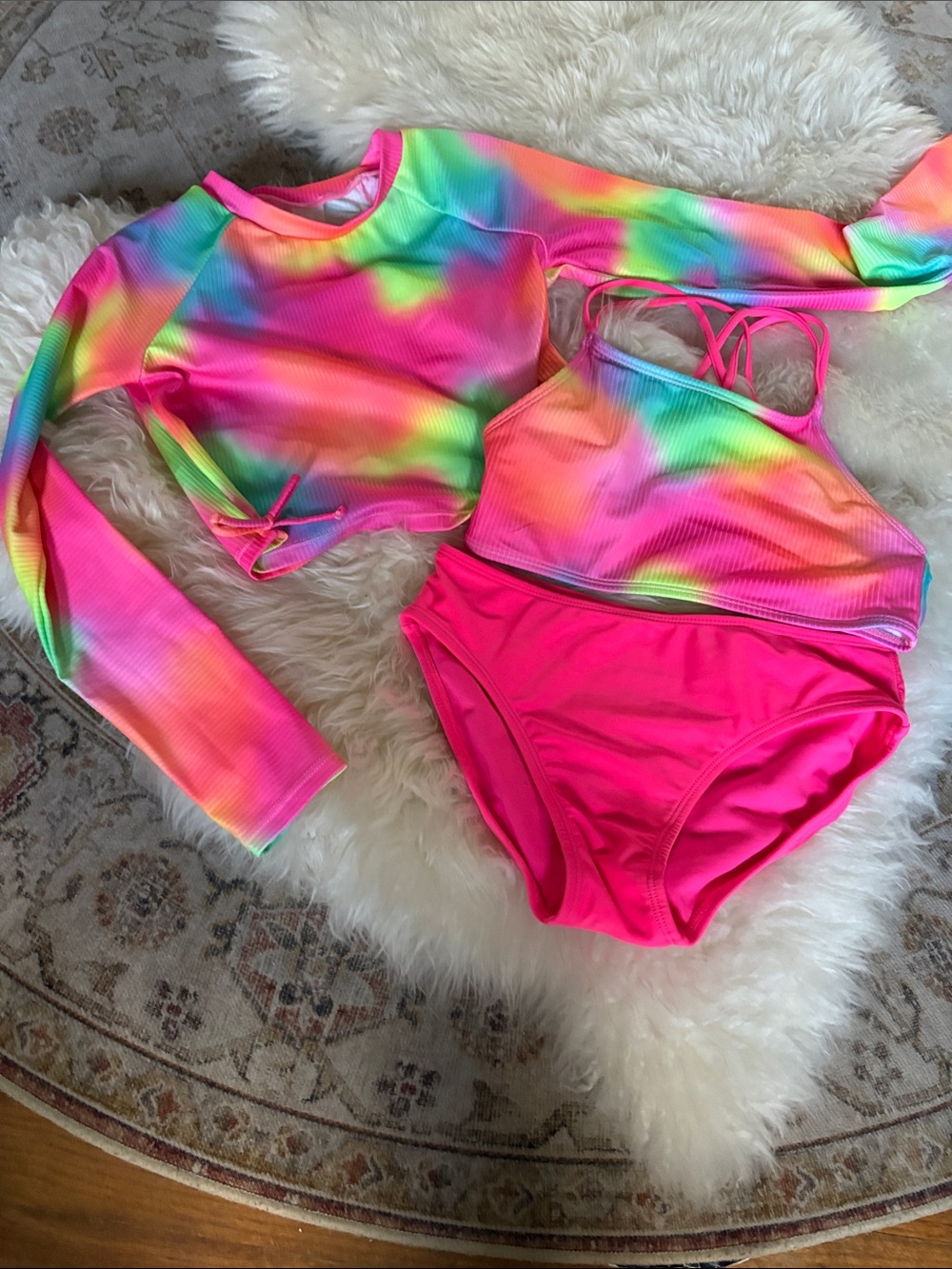 Cat & Jack Girls Neon Rainbow Two-Piece Swim Set with Rash Guard - Pink Multi